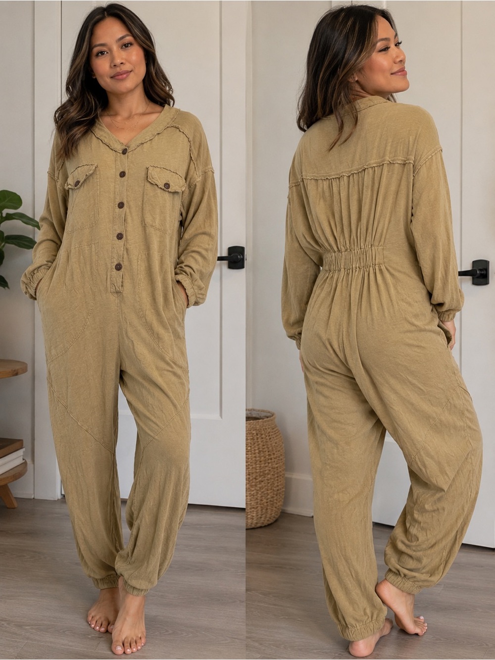 We The Free Olive-Tan Button Front Utility Jumpsuit